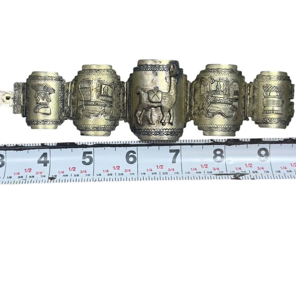 Vintage Peruvian Llama Incan Panel Link Bracelet Silver Tone Ethnicโ Boho 7.25in